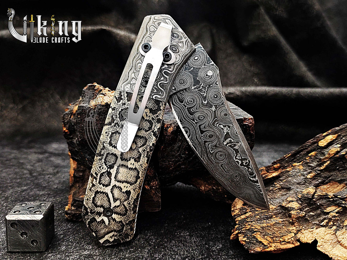 Damascus Steel Folding Pocket Knife With Damascus Clip and Bone Handle