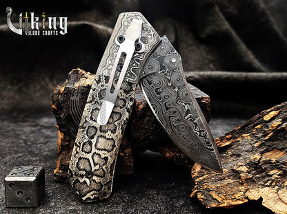 Damascus Steel Folding Pocket Knife With Damascus Clip and Bone Handle