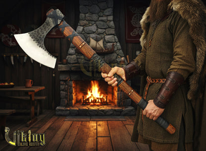 Hand-Forged 36" Viking Battle Axe with Leather Sheath