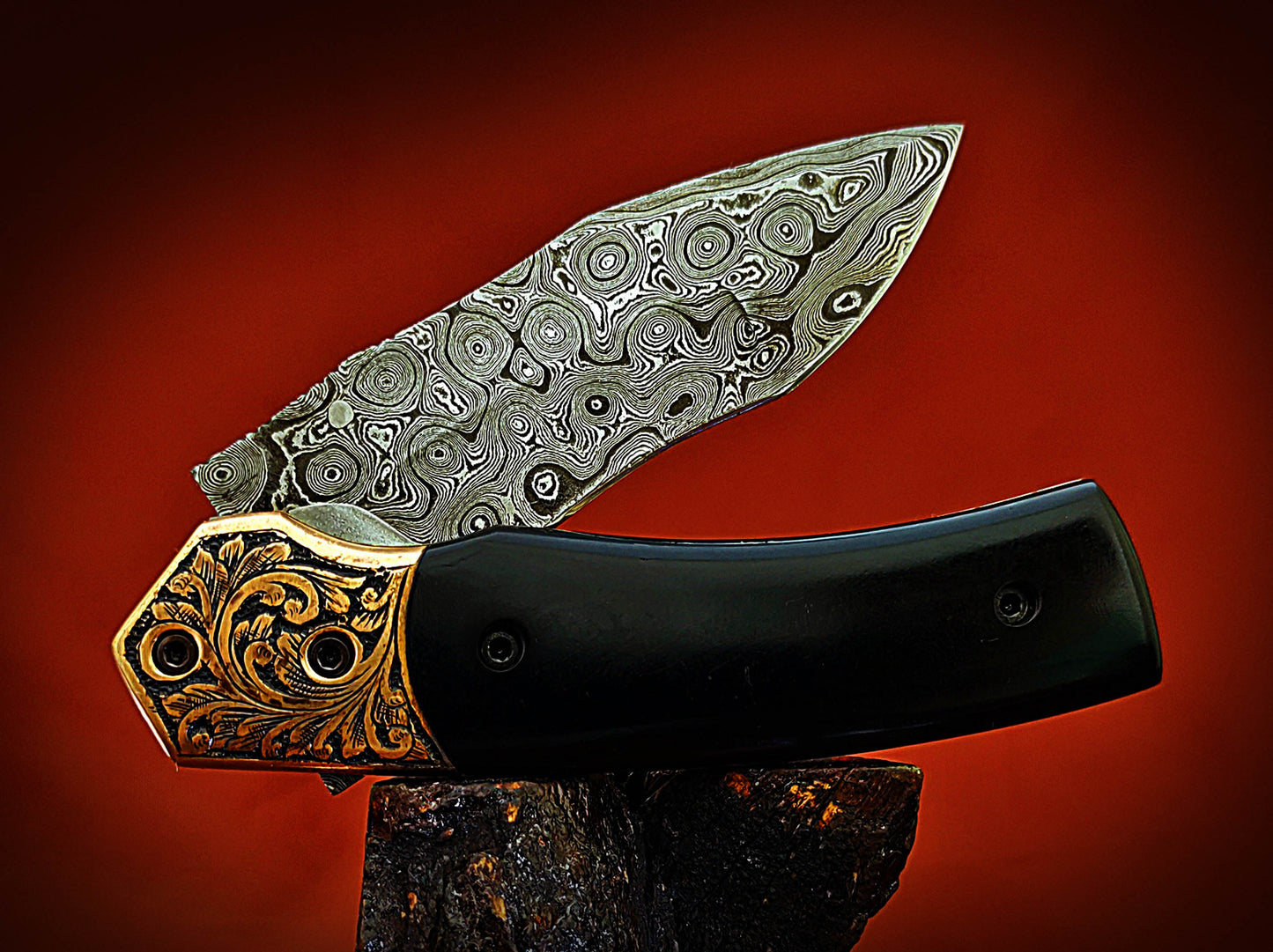 Damascus Pocket Knife with buffalo Horn Handle – Ancient Hand-Carved Theme - Viking Blade Crafts