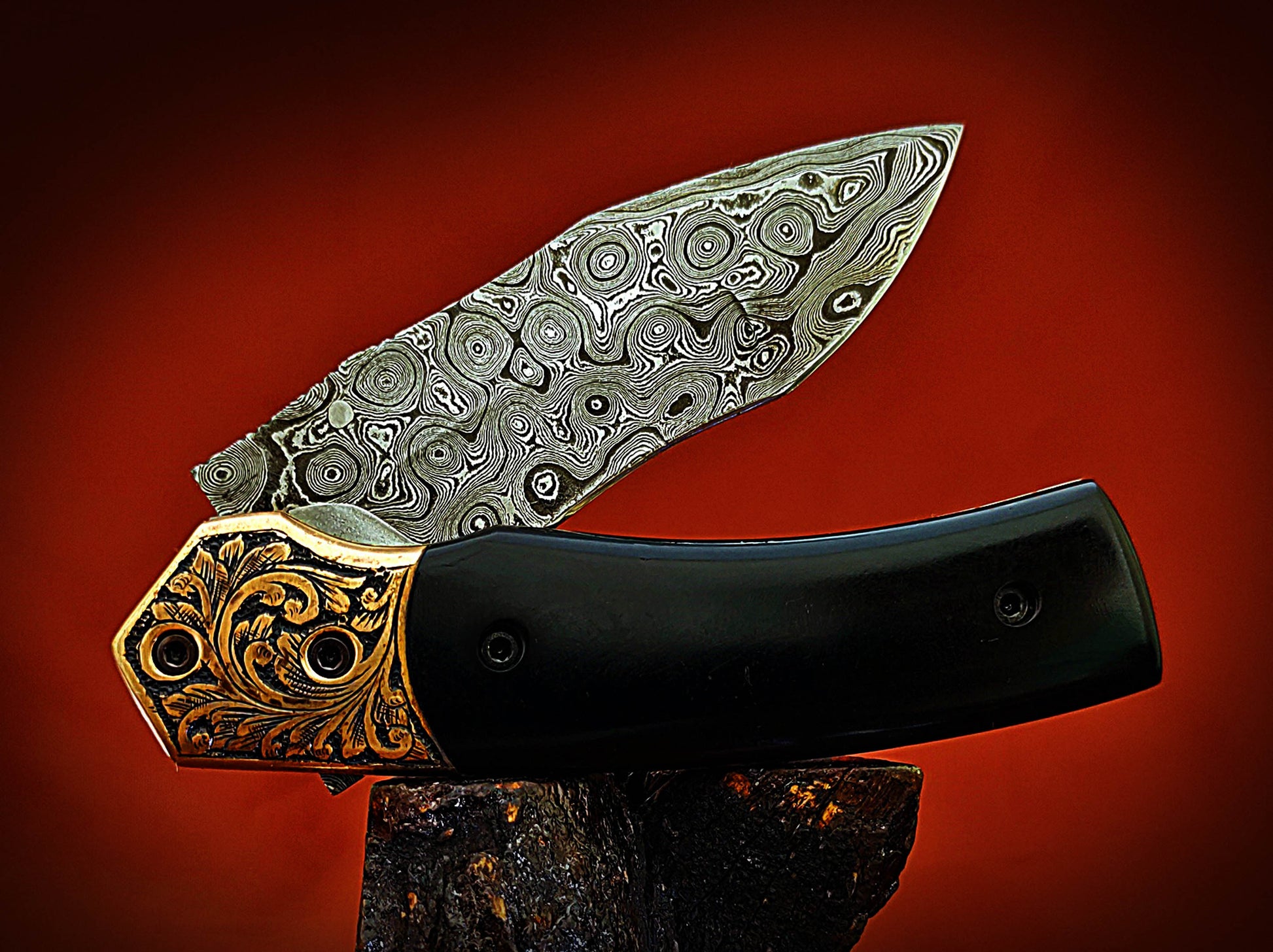 Damascus Pocket Knife with buffalo Horn Handle – Ancient Hand-Carved Theme - Viking Blade Crafts