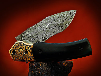 Damascus Pocket Knife with buffalo Horn Handle – Ancient Hand-Carved Theme - Viking Blade Crafts