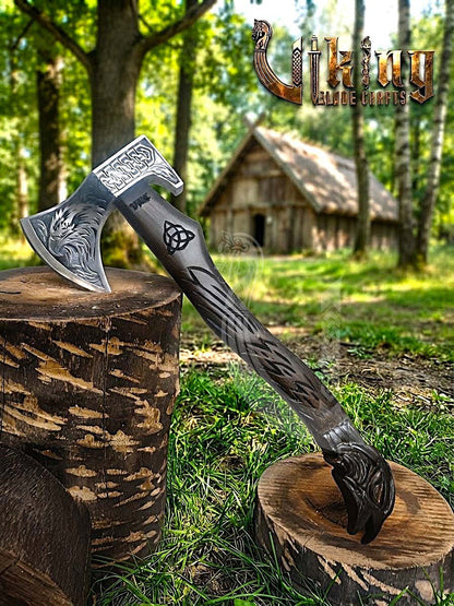Huginn Muninn Viking Axe | Raven Carved Handle | Forged Steel