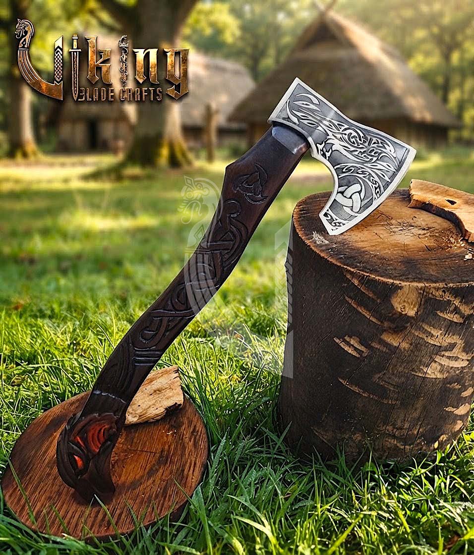 Raven Viking Axe | Hand Carved Handle | Forged Steel Hrafn