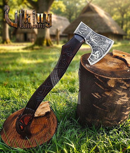 Raven Viking Axe | Hand Carved Handle | Forged Steel Hrafn