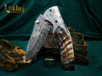 Hand-Forged Artisan Damascus Steel Folding Knife | Raindrop Pattern | Ram Horn Handle