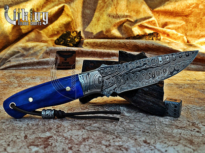 Handmade Damascus Hunting Knife With Stained Bone Handle & Bolster