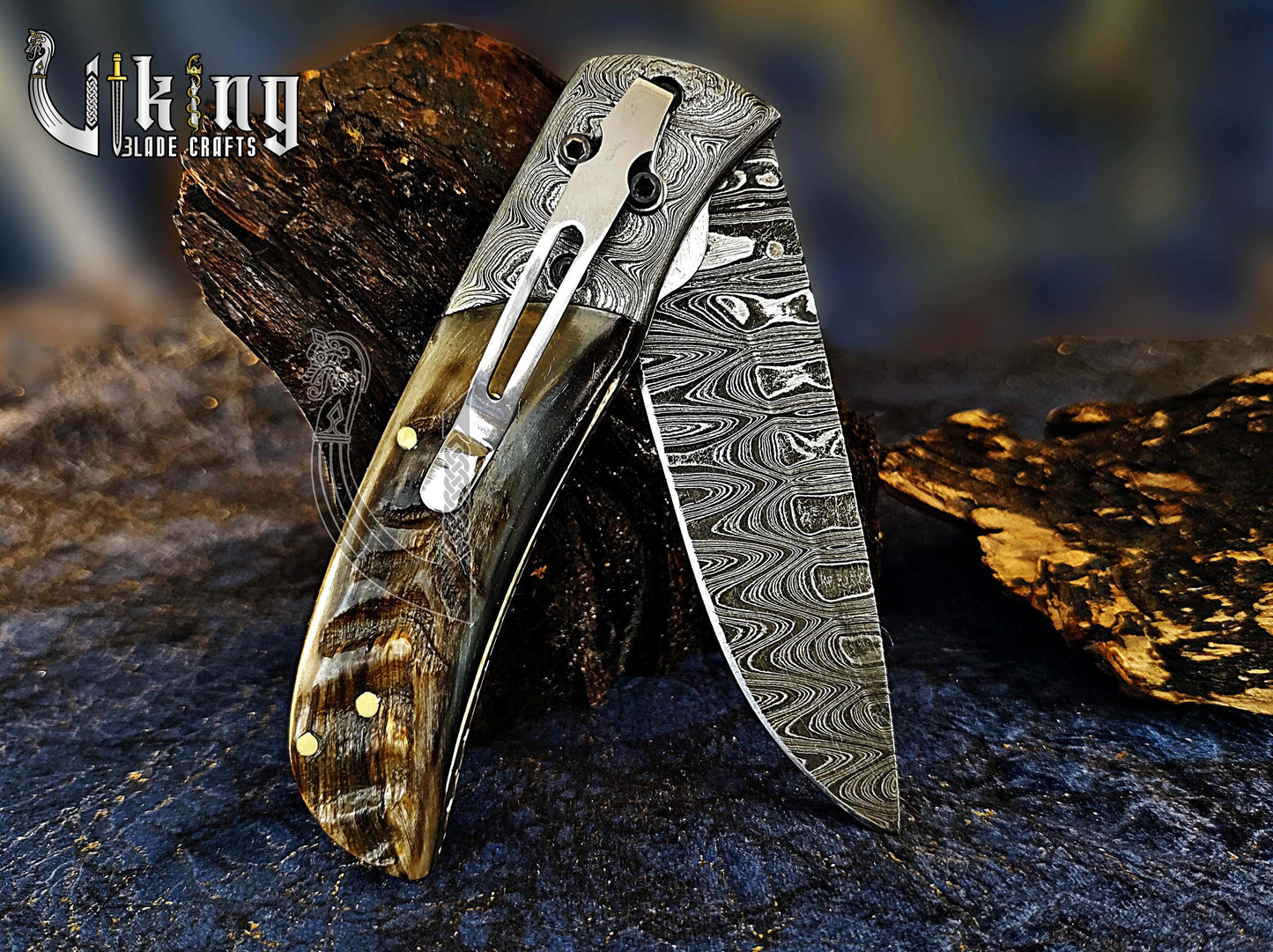 Forged Damascus Steel Folding Pocket Knife with Ram Horn Handle & Clip