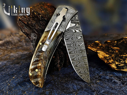 Forged Damascus Steel Folding Pocket Knife with Ram Horn Handle & Clip