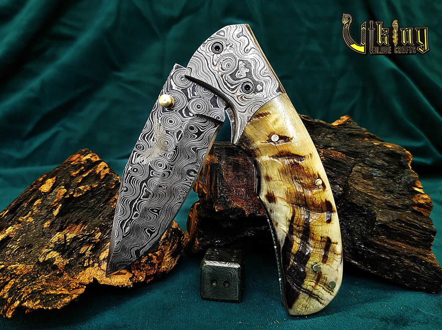 Hand-Forged Damascus Steel Folding Knife | Raindrop Pattern | Ram Horn Handle