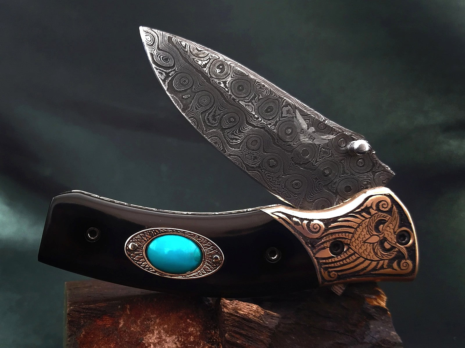 Handmade Damascus Pocket Knife – Celtic‑Norse Owl Theme Carved Handle - Viking Blade Crafts