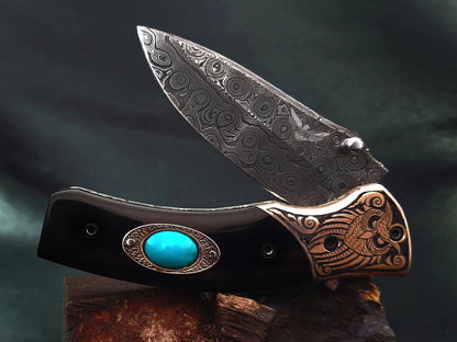 Handmade Damascus Pocket Knife – Celtic‑Norse Owl Theme Carved Handle - Viking Blade Crafts