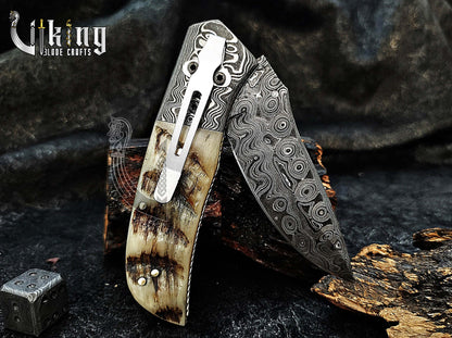 Handmade Damascus Steel Rain Drop Pattern Ram Horn Handle Folding Knife