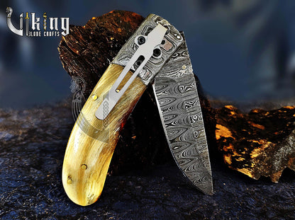 Handmade Folding Knife with Ram Horn, Ladder Pattern & Clip