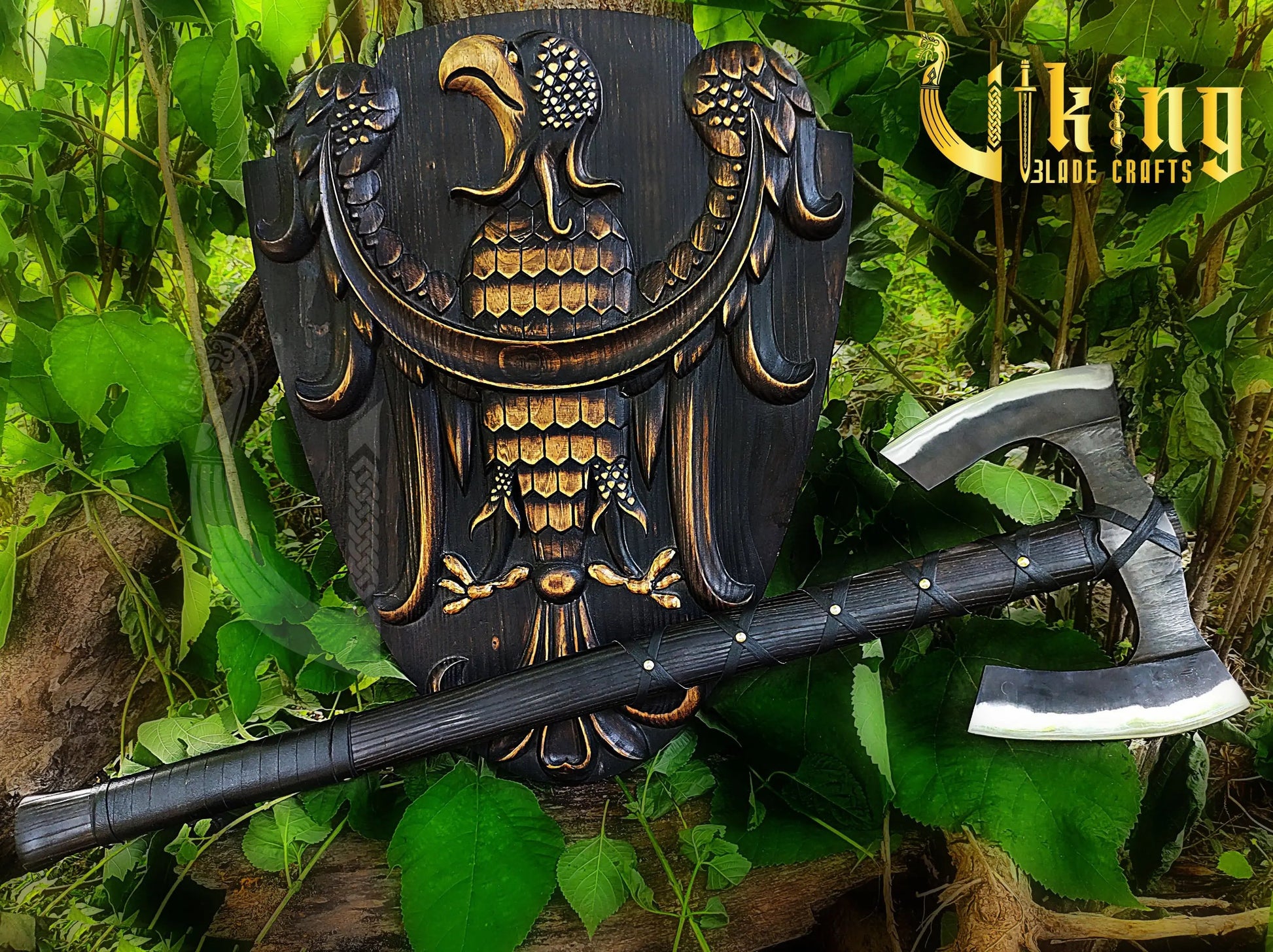 Handmade Double Head 36" Viking Axe & Carved Raven Shield – Norse Battle Set Viking_Blade_Crafts