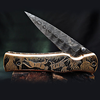Hand-Carved Wildlife Theme Damascus Pocket Knife – Collector’s Edition - Viking Blade Crafts