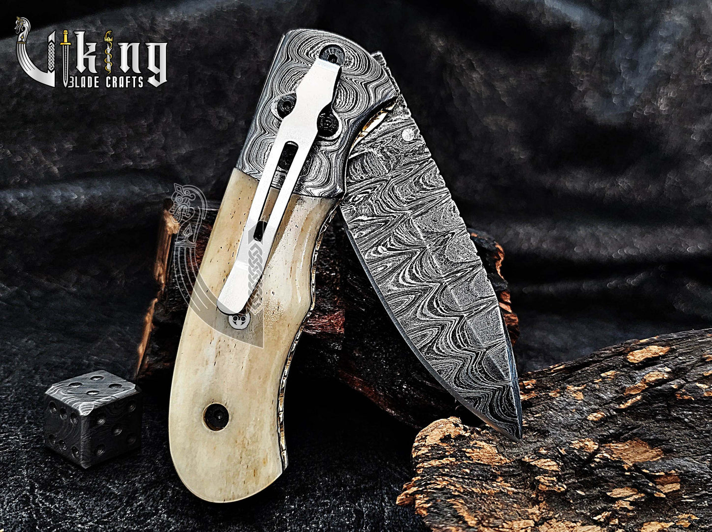 Handmade Damascus Steel Folding Pocket knife With Camel Bone Handle