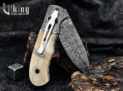 Handmade Damascus Steel Folding Pocket knife With Camel Bone Handle