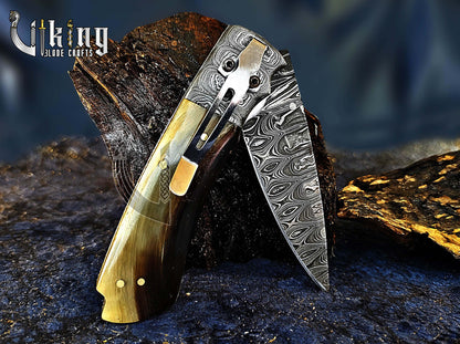 Handmade 3.5" Folding Knife with Ram Horn, Ladder Pattern & Pocket Clip