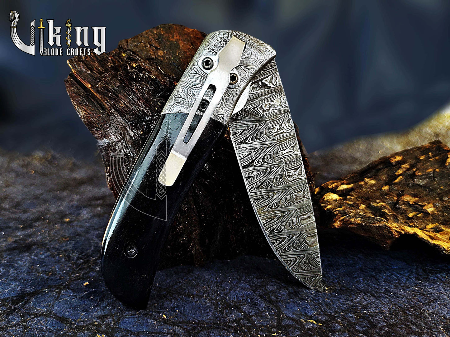 Hand-Forged Damascus Folding Knife with Ebony Wood  & Ladder Blade