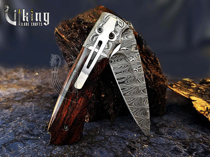 Handmade Damascus Folding Knife with Rosewood Handle & Pocket Clip