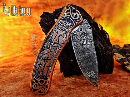 Handmade Damascus Folding Knife with Jesus Crucifixion Handle Carving