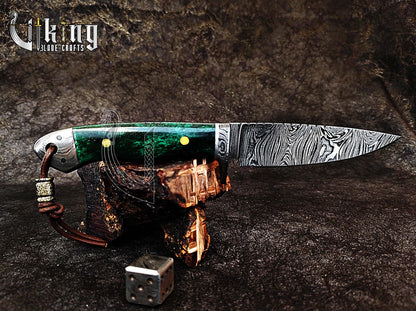 Handmade Damascus Steel Hunting Knife with Stained Bone Handle & Sheath