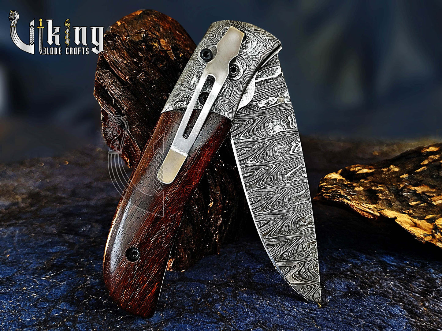 Handmade Damascus Steel Folding Knife with Rosewood Handle & Sheath
