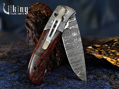Handmade Damascus Steel Folding Knife with Rosewood Handle & Sheath
