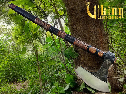 Hand-Forged 36" Long Viking Axe With Valknut & Viking Runes Shield Viking_Blade_Crafts