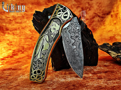 Forged Damascus Steel Blade Ragnar Lothbrok Carved Handle Folding Knife