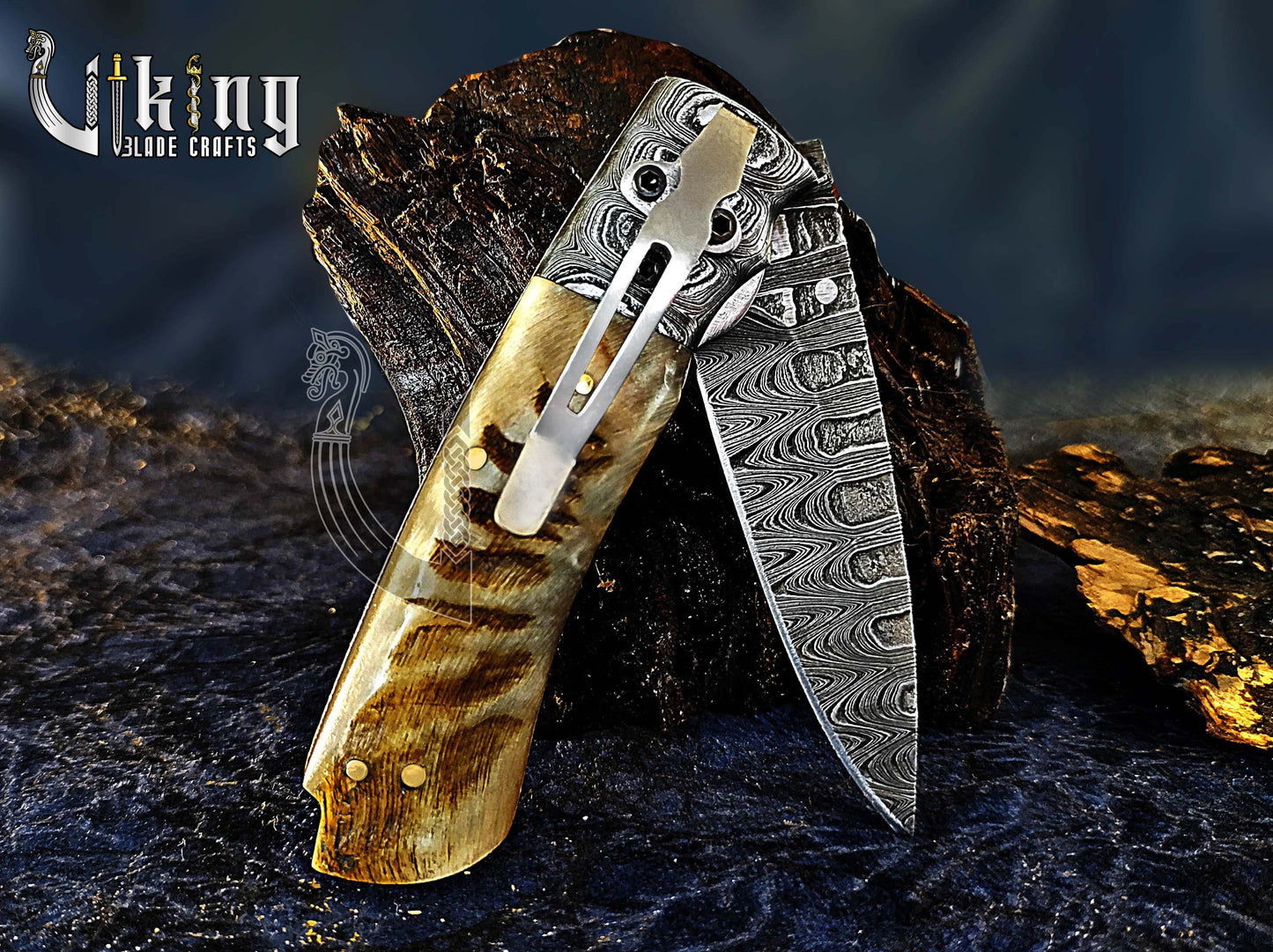 Handmade Damascus Steel Premium Folding Knife with Ram Horn Handle