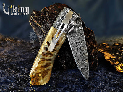 Handmade Damascus Steel Premium Folding Knife with Ram Horn Handle
