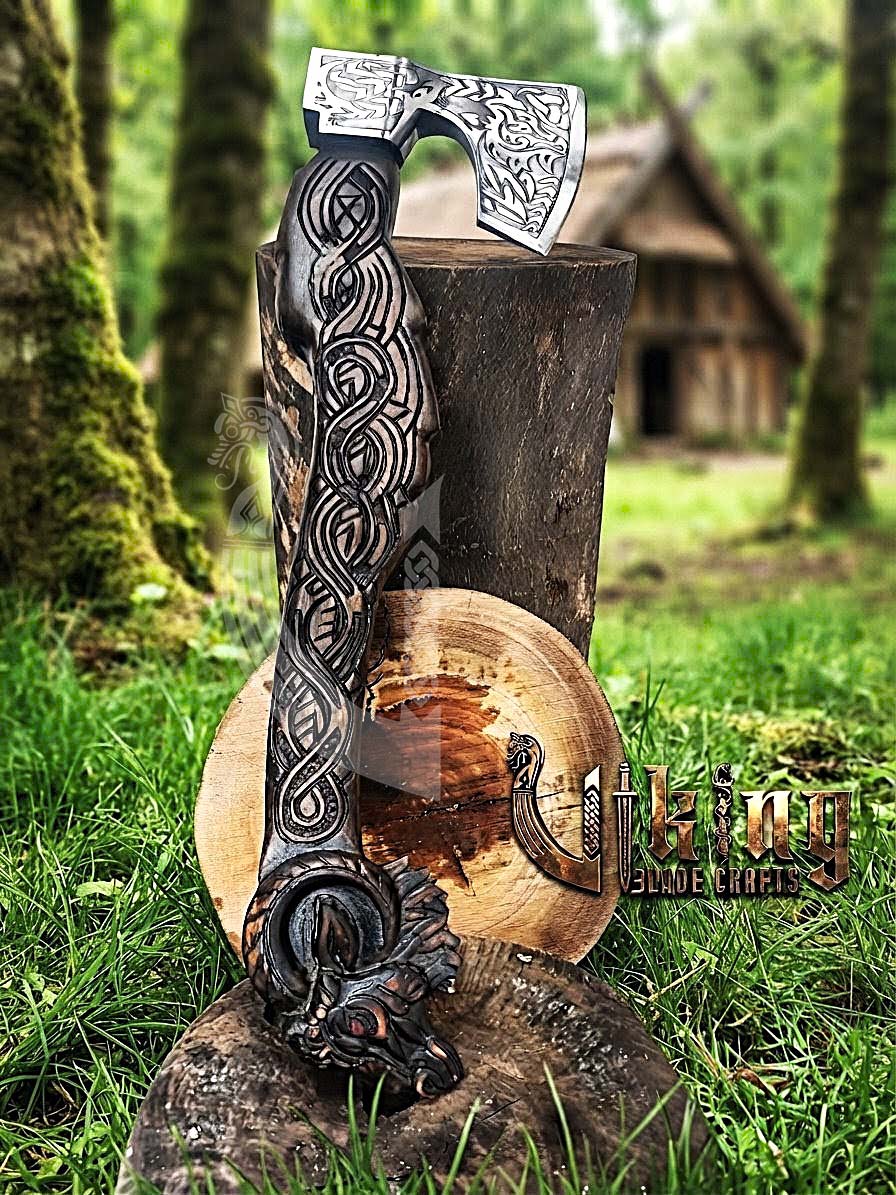Hand Carved Viking Goat Axe | Geit Handle | Forged Steel