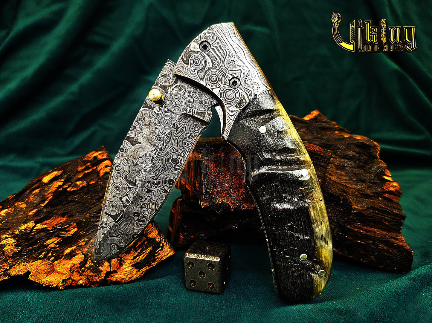 Custom Hand-Forged Handmade Damascus Folding Knife | Raindrop Pattern | Ram Horn Handle