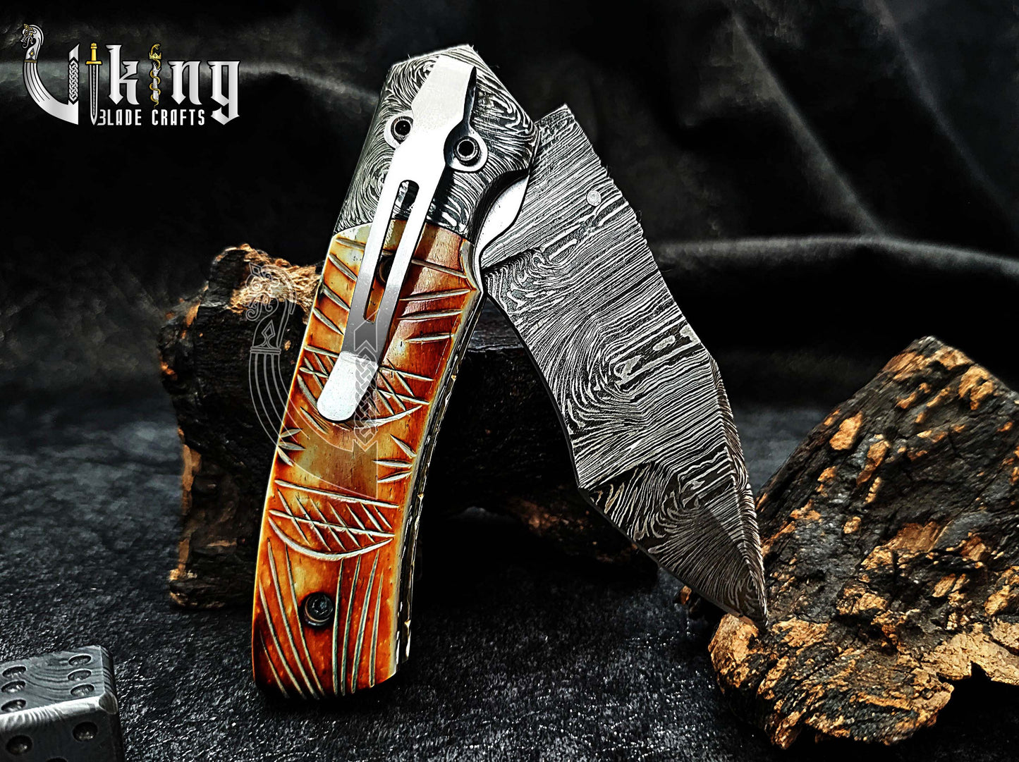 Forged Damascus Steel Folding Knife with Fire Camel Bone Handle
