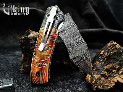 Forged Damascus Steel Folding Knife with Fire Camel Bone Handle