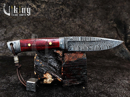 Damascus Steel Fixed Blade Bloodwood & Guard With Leather Sheath