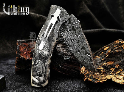 Hand-Forged Damascus Steel Rain Drop & Bone Handle Folding Knife