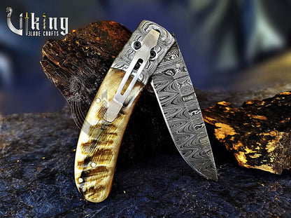 Hand-Forged Damascus Steel Blade with Ram Horn Handle & Easy Lock Folding Knife