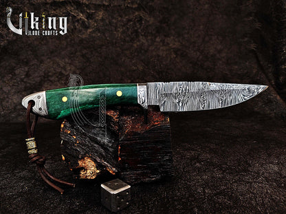 Forged Damascus Steel Hunting Knife with Stained Bone Handle
