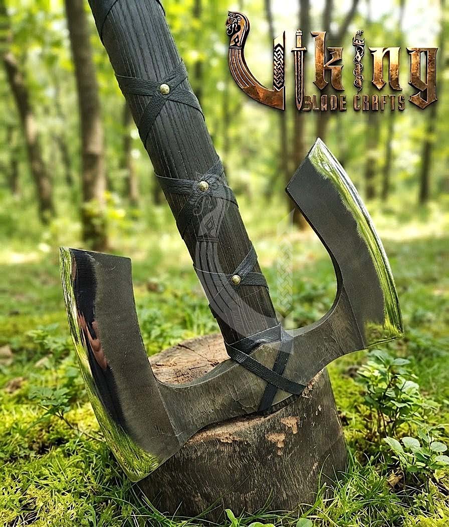 36" Double Bit Viking Axe - Hand Forged Carbon Steel & Leather Cover