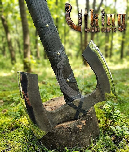 36" Double Bit Viking Axe - Hand Forged Carbon Steel & Leather Cover