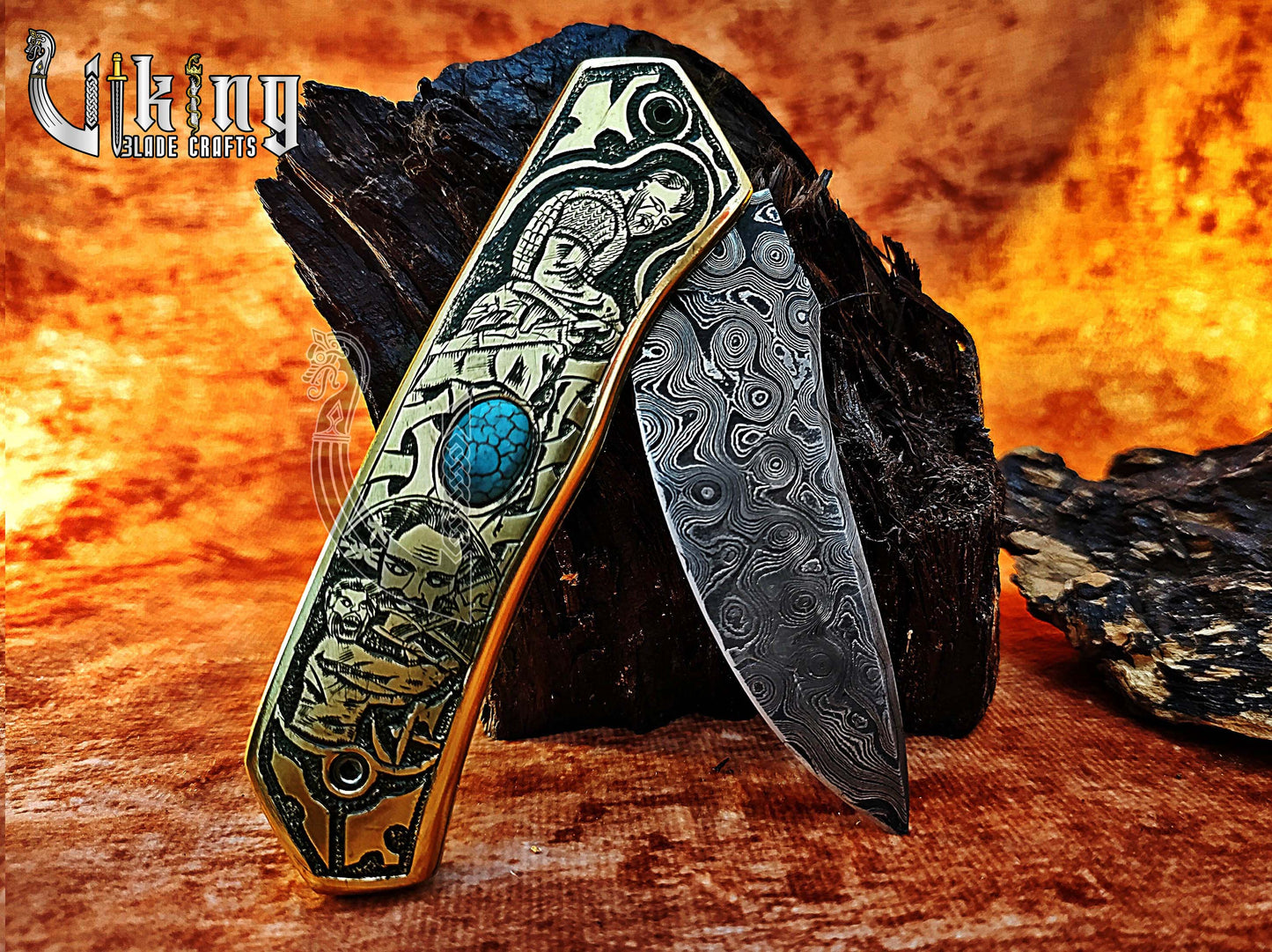 Forged Damascus Steel Blade Knife with Viking Floki Carved Handle.