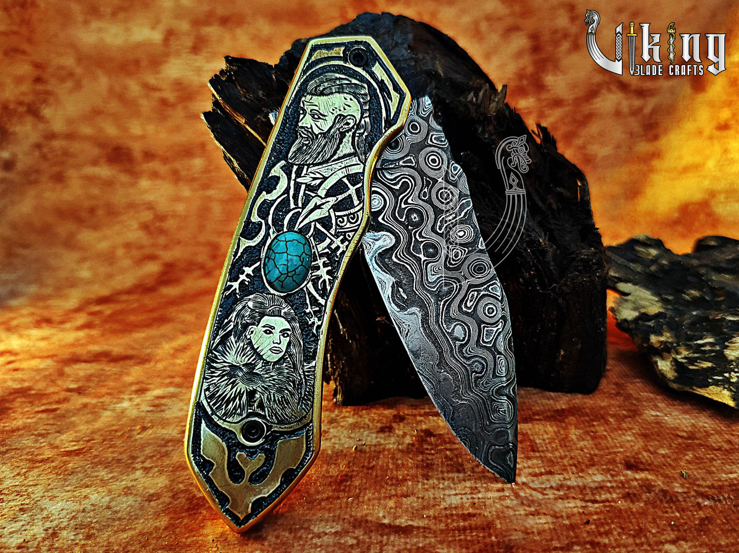 Handmade Damascus Folding Knife Shieldmaiden Lagertha & Ragnar Lothbrok Carved Handle Folding Knife