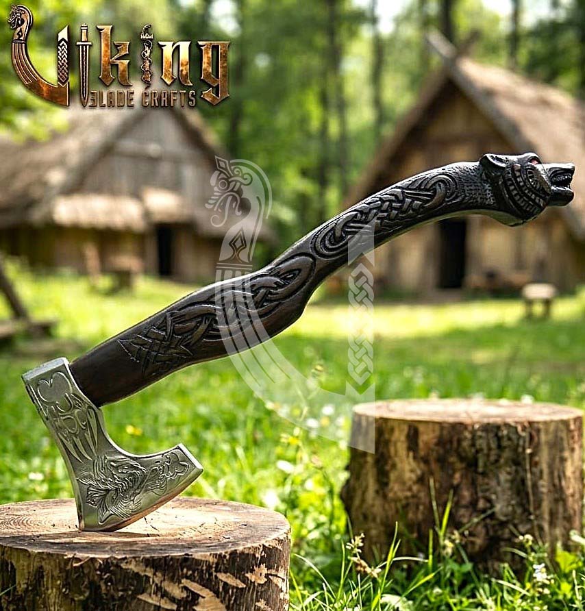Viking Battle Axe | Hand Carved Wolf Handle | Forged Steel