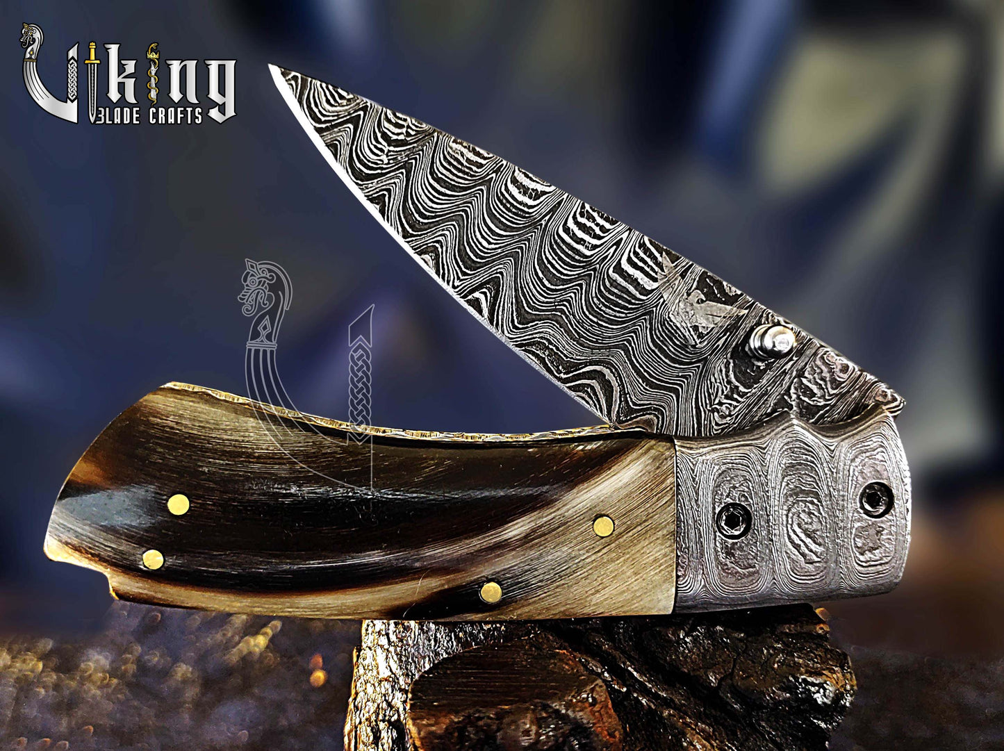 Handmade 3.5" Folding Knife with Ram Horn, Ladder Pattern & Pocket Clip