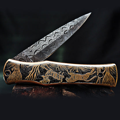 Hand-Carved Wildlife Theme Damascus Pocket Knife – Collector’s Edition - Viking Blade Crafts