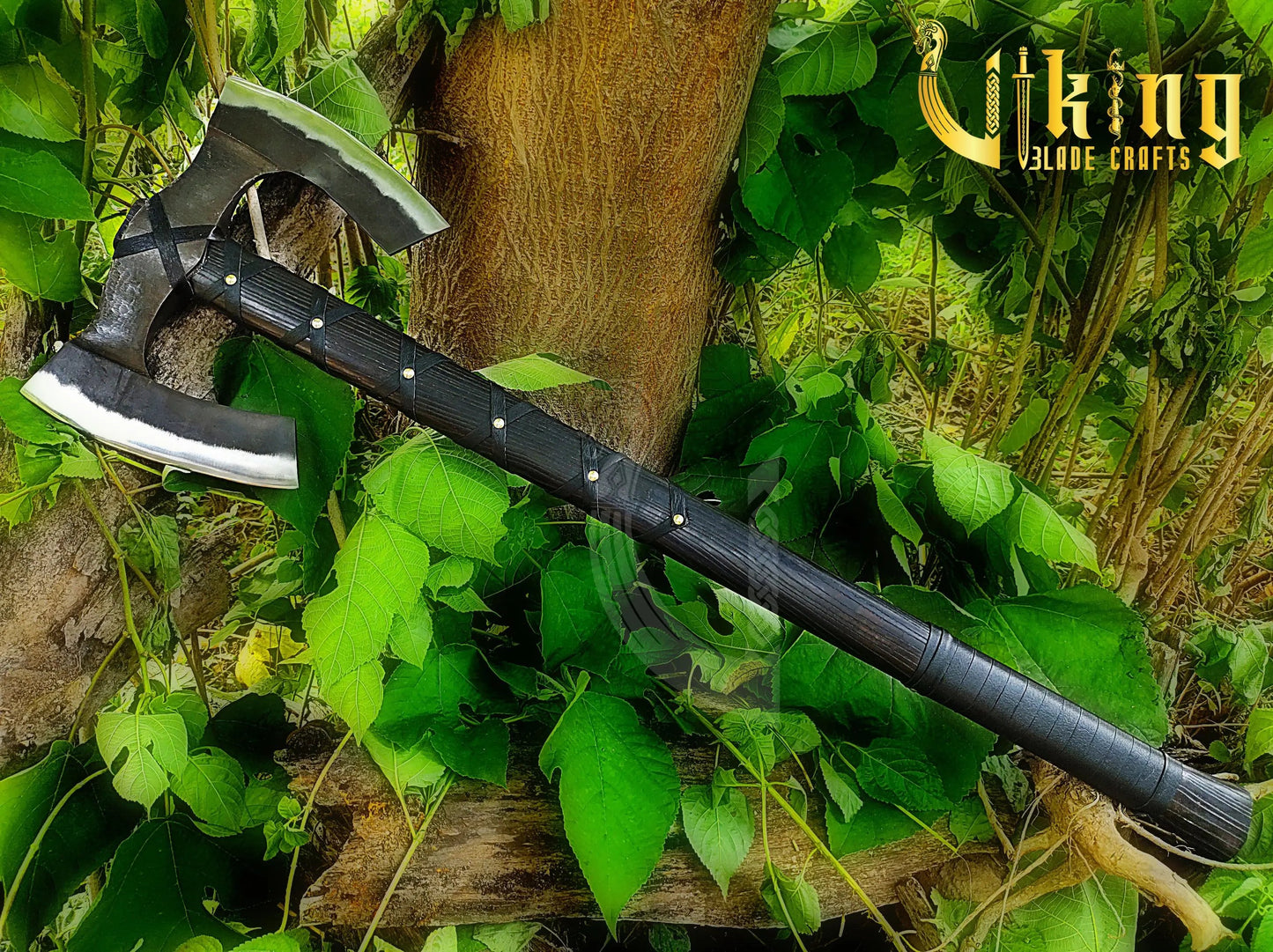 Forged Double Head 36" Viking Axe with Valknut  & Viking Runes Carved Shield Viking_Blade_Crafts