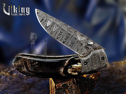 Damascus Folding Knife with Buffalo Horn Handle & Damascus Steel Clip